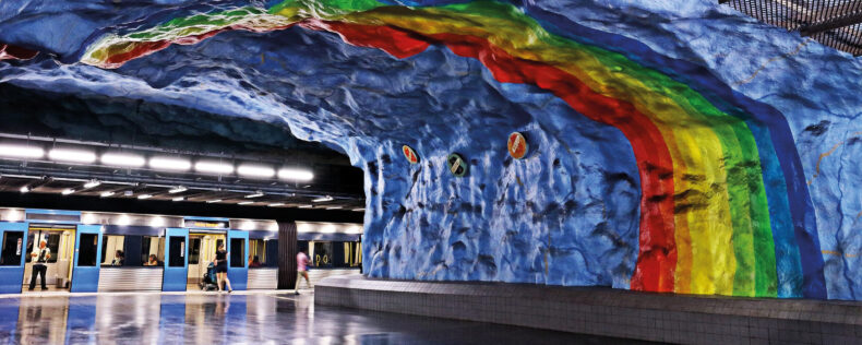 The rainbow art installation inside of the Stadion metro stop.