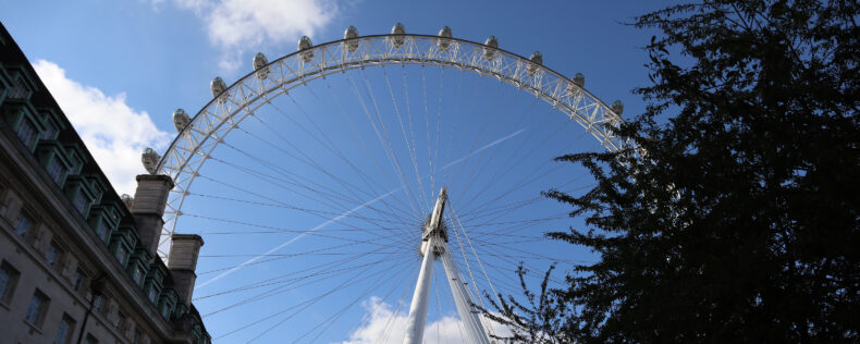 Clear skies and a view of a Ferris wheel in London.