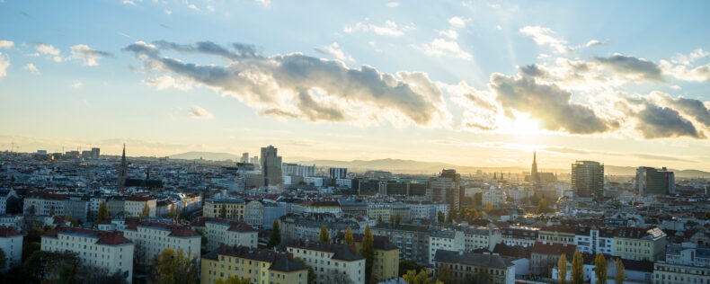 Vista point overlooking Vienna, Austria as the sun goes down in the evening.