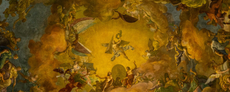 A ceiling mural at a historical site.