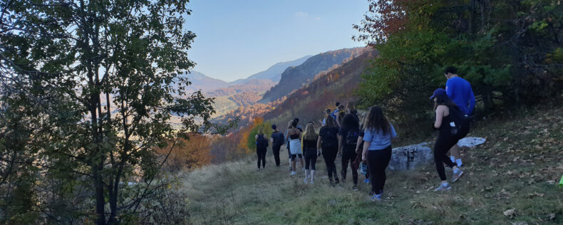 Students hiking during study tour in the hills in Bosnia.