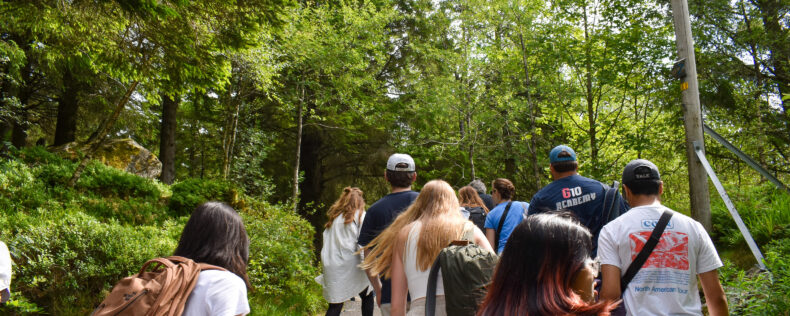 Students walking through a green Swedish forest in the summer.